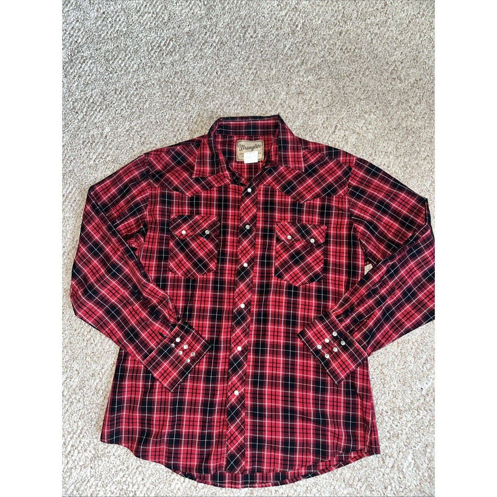Wrangler Western Shirts Mens Large Red Plaid Pearl Snap Western Ranch Wear EUC